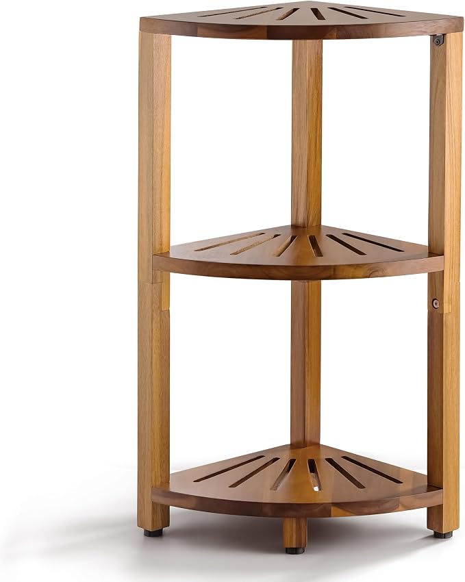 BLUEWEST 3-Tier Corner Shower Caddy Stand, Wood Shower Organizer Standing with Anti-Slip Feet, Waterproof & Durable Bathroom Corner Shelf, Space-Saving Design Storage for Kitchen or Living Room by BLUEWEST