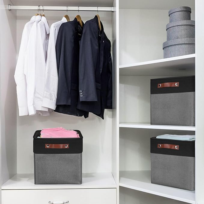 Bagnizer Collapsible Fabric Storage Cubes 11x11 Cube Storage Bins, 4 Pack Closet Baskets Box with Handles for Organizing, Shelf, Toys, Clothes, Home, Office, Nursery (Grey&Black) - Image 2