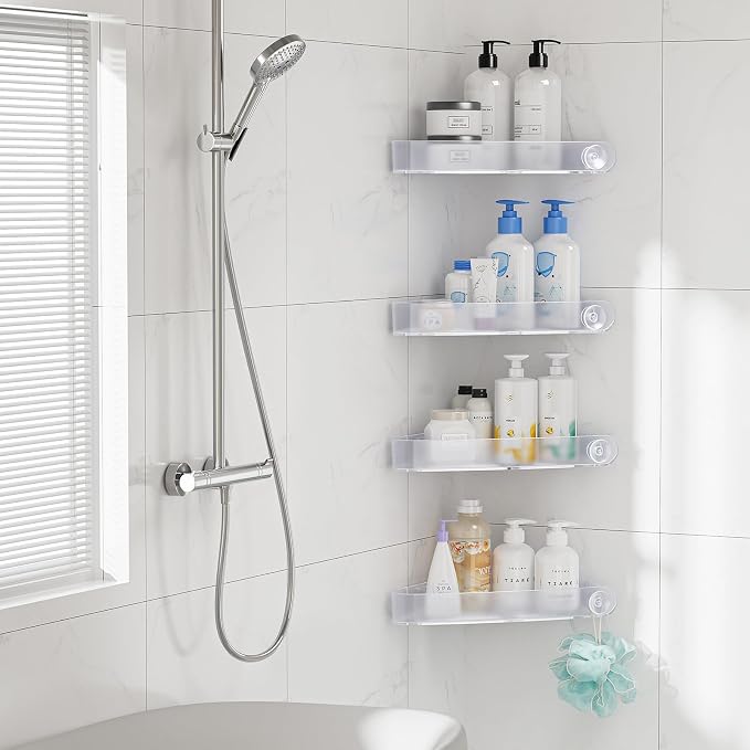 Sotfamily Plastic Shower Caddy Corner (for 90° Only), 4 Pack Adhesive Corner Shower Shelves for Bathroom Organizers and Storage, Frosted Clear - Image 3