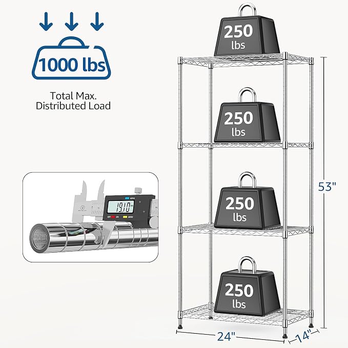 M MZG 1000 lbs 4Tier Shelf Metal Storage Shelves Wire Rack Closet Organizers with Wheel for Garage Kitchen Bathroom Laundry Chrome 13.7" D x 23.6" W x 53.4" H - Image 3