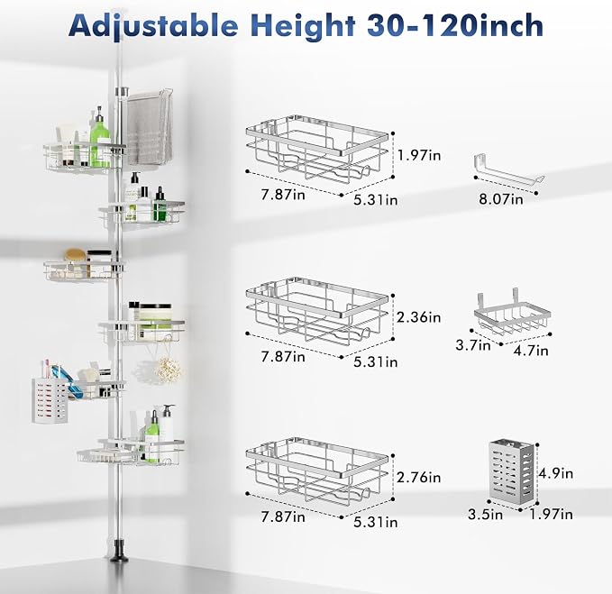 Vatex Shower Caddy Corner Tension Pole, Stainless Steel Rustproof 6 Shelves Bathroom Organizer with Towel Bar & Toothbrush Holder, Adjustable Shower Shelf for Renters - Family Stand Storage Rack - Image 7