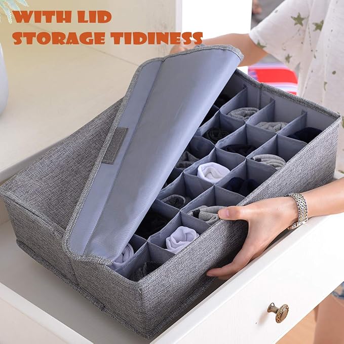 AARAINBOW 2 Packs Underwear Socks Ties Storage Organizer with Lids Foldable Closet Drawer Organizer 60 Cells, Fabric Drawer Wardrobe Divider Storage Boxes for Scarves and Lingerie (30 Cell, 2 Beige) - Image 7