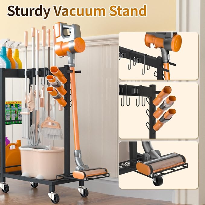 Broom Holder with Cleaning Supplies Organizer Load 350 LBS Cleaning Cart with Wheels Broom Closet Storage with 3-Tier Shelves, 6 Mop Hanger Grippers, 3 Double-Hooks, Vacuum Stand for Laundry Garage - Image 5