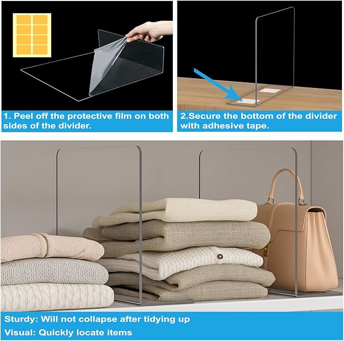 OKPOW Shelf Dividers Closet Organizer - 12" Tall X 9" Deep Acrylic Clear Sturdy Separate for Clothes Purse - Adjustable Space Saver Easy Install for Home Organization Enthusiasts 4 Pack - Image 5