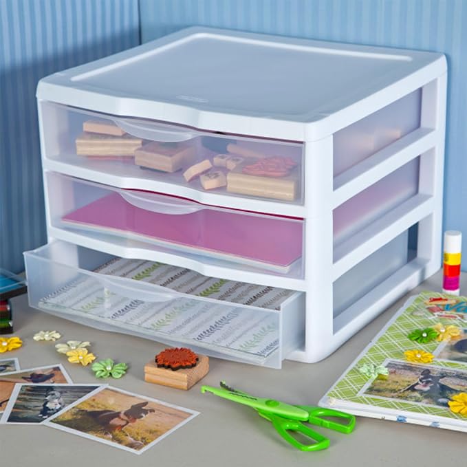 Sterilite 3-Pack Wide 3 Drawer Unit, Plastic Desktop Organizer with Clear Drawers, White Frame - Stackable Multi-Purpose Storage for Office Supplies, Craft Rooms, Classrooms and Home Organization - Image 8
