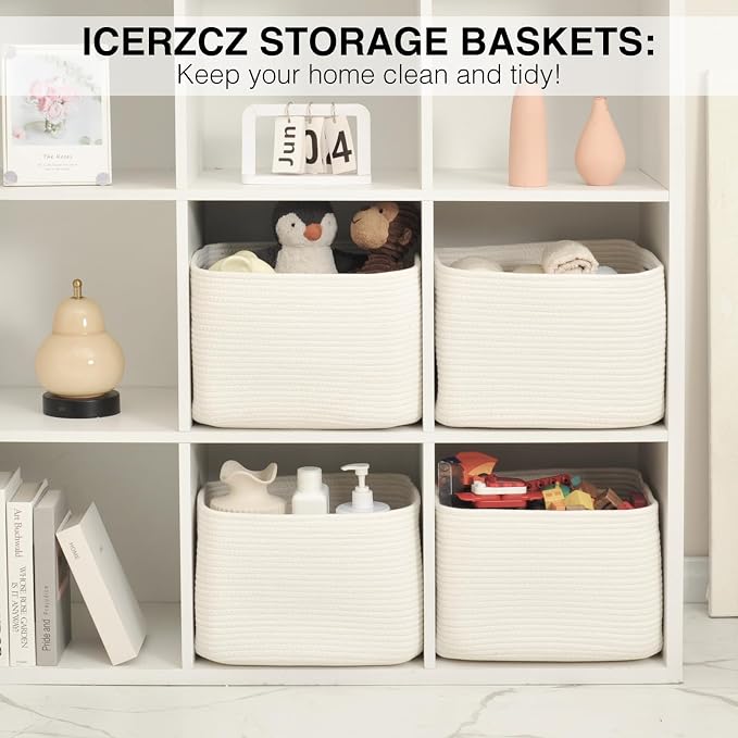 ICERZCZ Storage Baskets for Organizing & Shelves, Woven Cotton Rope Organization Bins for Dog Toys, Clothes, Books, Nursery Organizer, 15" Lx11''Wx9.5''H, (4 Packs) Off White - Image 6