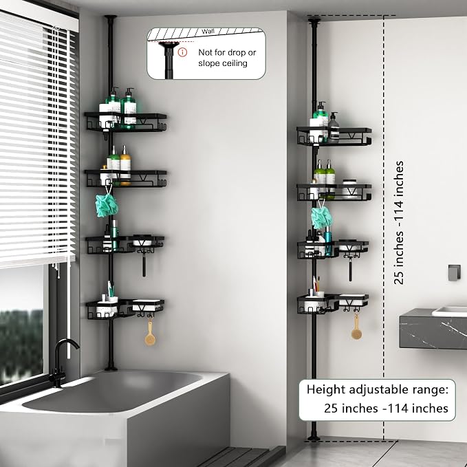 DAOYA Corner Shower Caddy Tension Pole - 4 Tier Stainless Steel Rustproof Shower Corner Caddy for Bathtub Bathroom Shower Organizer Shelves Adjustable Pole 25-114.2 Inch Black - Image 6