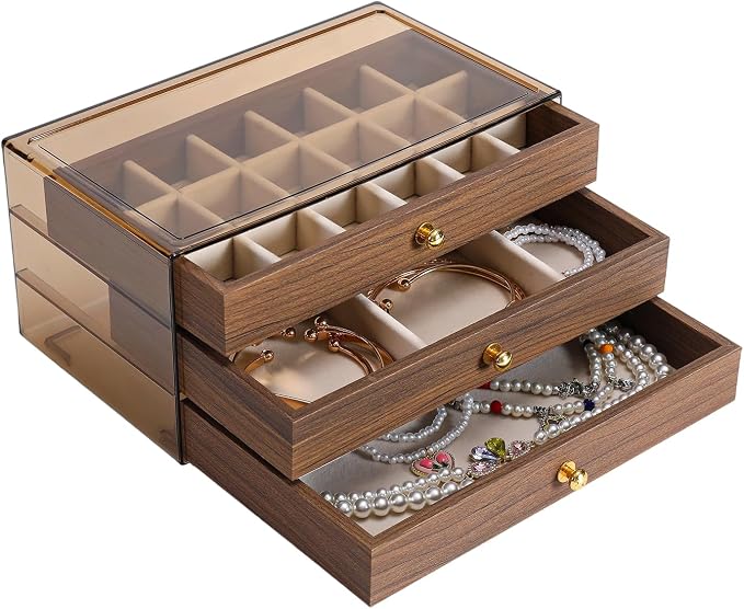 3 Layer Wooden Drawers Jewelry Box Vintage Style Jewelry Organizer with Acrylic Cover, Jewelry Storage Display Box for Ring Earrings Necklace Bracelet Box for Women and Girls(Walnut Color) (A) by CLUQMEIK