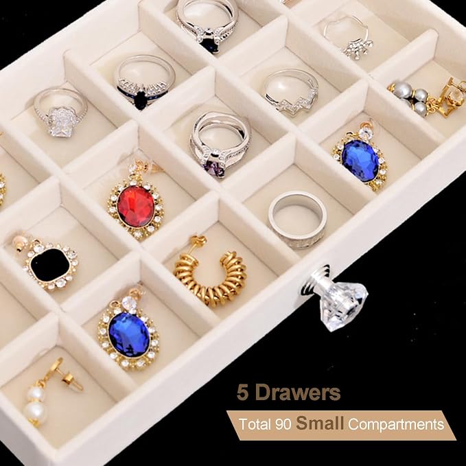 SPAKOWN Earring Box Holder Organizer Display Case, Clear Velvet Jewelry Storage Tray Organizer for Earring Ring Stud (Beige - 5 Drawers) - Image 3