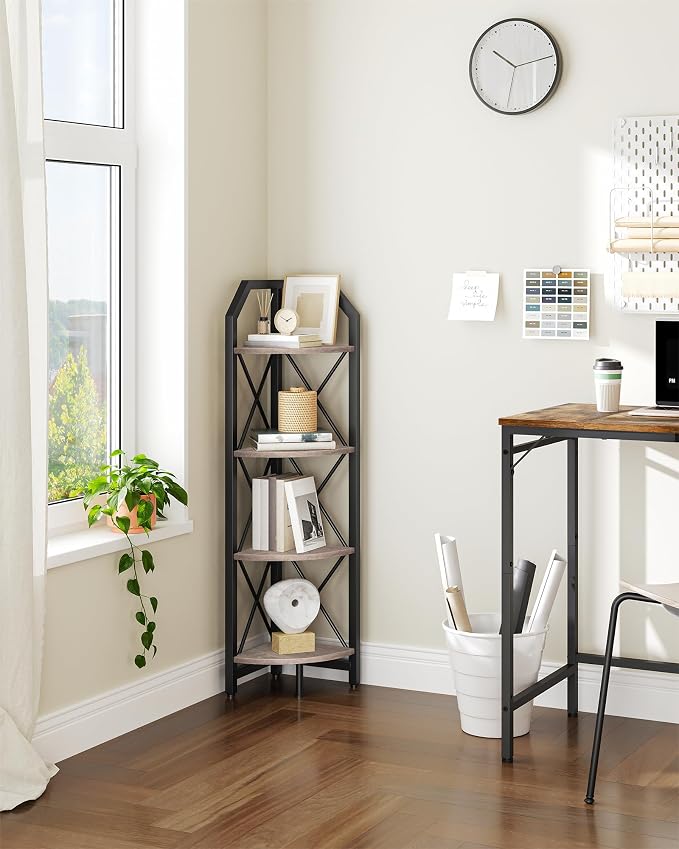 CHOEZON 4-Tier Corner Shelf, Industrial Corner Bookshelf, 47.6" Corner Storage Stand, Plant Stand Display Shelf, Corner Bookcase for Bedroom, Living Room, Home Office, Greige and Black TCJ09BG - Image 6