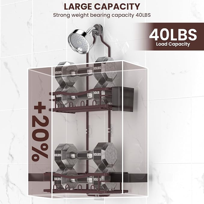 REINHARDT Shower Caddy Hanging, Rustproof Shower Caddy Anti-Swing Shower Organizer No Drilling Showers Racks with Soap Holder Multi Hooks Bathroom Storage for Shampoo Sponge, Bronze - Image 3