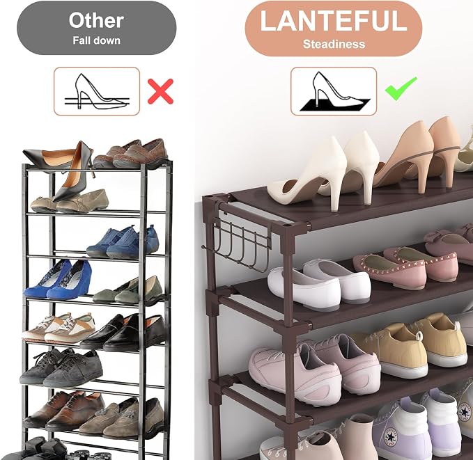 LANTEFUL 10 Tiers Shoe Rack 50 Pairs Large Capacity Tall Shoe Organizer Sturdy Shoe Storage with Two Hooks Space Saving Metal Wide Shoe Rack for Closet, Entryway, Bedroom, Brown - Image 6