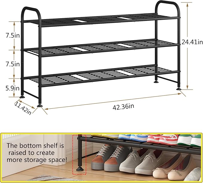 LINZINAR Shoe Rack 3 Tier Long Metal Shoe Organizer for Closet Entryway Black - Image 2
