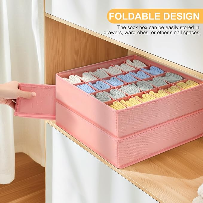 Joyoldelf Sock Organizer Drawer Organizer - Underwear Organizer, 24 Cell Collapsible Closet Organizers and Storage Sock Holders Organizers for Storing Socks, Ties, Belts 6 Pack Pink - Image 4