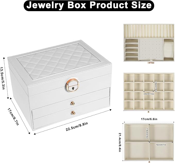 Jewelry Box, 3-Layer Jewelry Boxes for Women, Stud Earings Holder Jewelry Organizers and Storage with Removable Jewelry Tray, PU Leather Vintage Quilted Top Lockable Jewelry Holder Gift Idea - Image 2