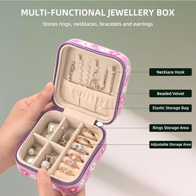 shunmei Mini Travel Jewelry Box,PU Leather Portable Jewelry Organizer Case,Art Accessories Storage Holder Boxes for Earring, Necklace, Rings, Bracelets (Pink Cat) - Image 5