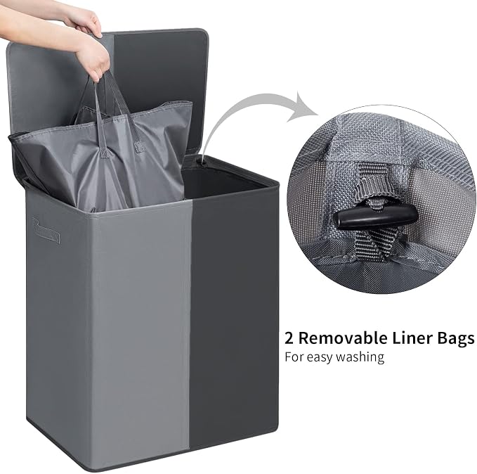 WOWLIVE Double Laundry Baseket with Lid and Removable Laundry Bags,154L Large Laundry Hamper 2 Section Collapsible Dirty Clothes Hamper for Laundry Room,College Dorm,Bathroom, Black and Grey - Image 4