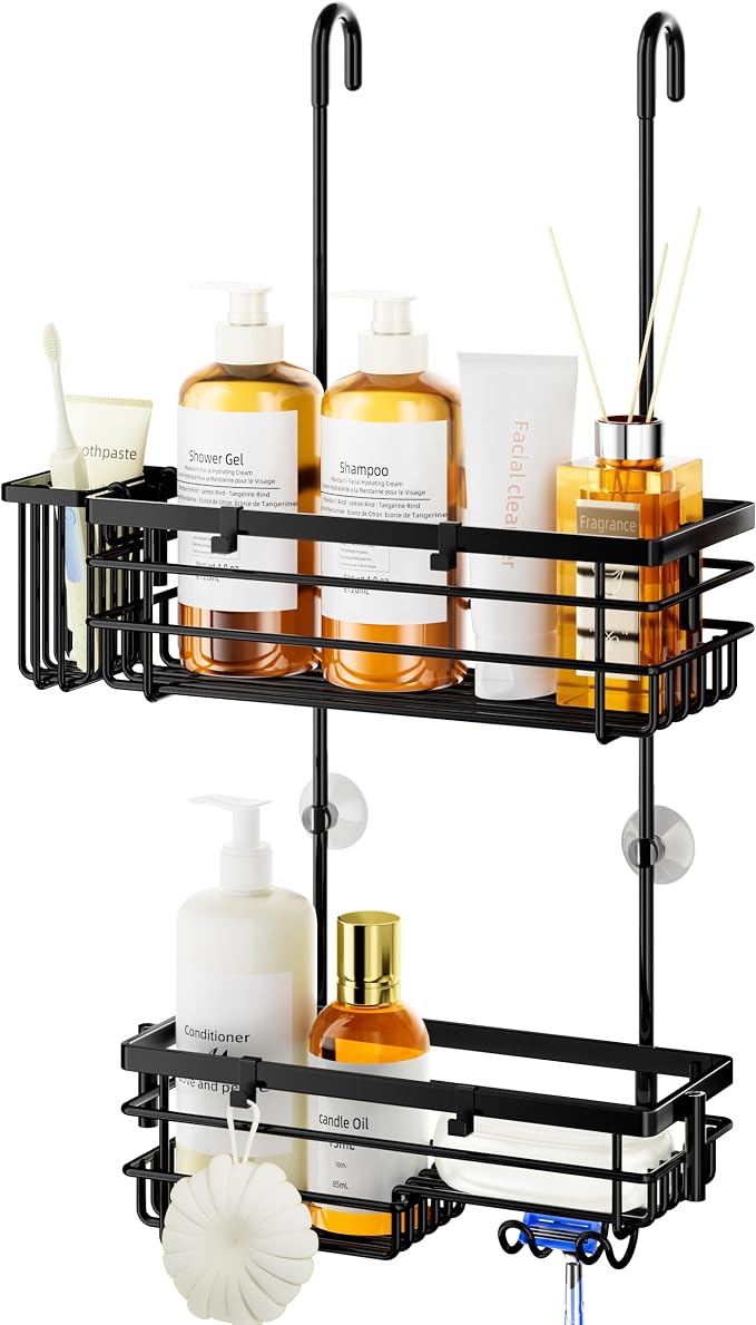 HapiRm Hanging Shower Caddy Organizer - No Drilling Shower Shelves with Hooks and Toothbrush Holder, Rustproof 304 Stainless Steel Bathroom Organizer - Black by HapiRm