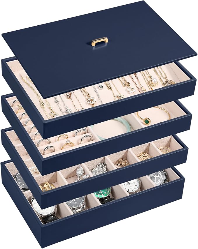 Voova Stackable Jewelry Organizer Tray with Lid, PU Leather Jewelry Storage Holder for Drawer Inserts, Jewellery Display Box Case for Earring Necklace Ring Watch Bracelet (Set of 4, Navy Blue) by Voova