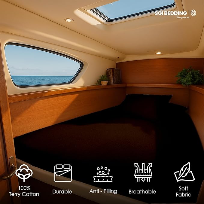 SGI Bedding Waterproof After V Berth Mattress Protector 90" Head x 60" Length x 75" Foot – 15" Deep Pocket, 360° Fitted Style Mattress Pad Cover, Soft Noiseless & Breathable Cover for Boat – Chocolate