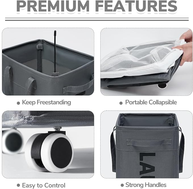 CHICVITA Rolling Laundry Basket with Wheels,75L Large Collapsible Laundry Hamper with Removable Wash Bag Space for Corner Dorms, Grey - Image 2