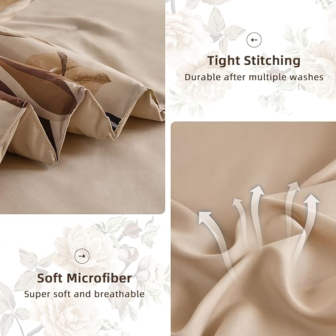 Drucon Floral Comforter Set King Size 7 Pieces Bed in a Bag, Khaki Floral Bedding Set, Soft Microfiber Comforter and Sheet Set for All Season (King, 104"x90")