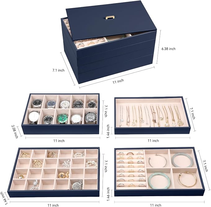 Voova Stackable Jewelry Organizer Tray with Lid, PU Leather Jewelry Storage Holder for Drawer Inserts, Jewellery Display Box Case for Earring Necklace Ring Watch Bracelet (Set of 4, Navy Blue) - Image 5