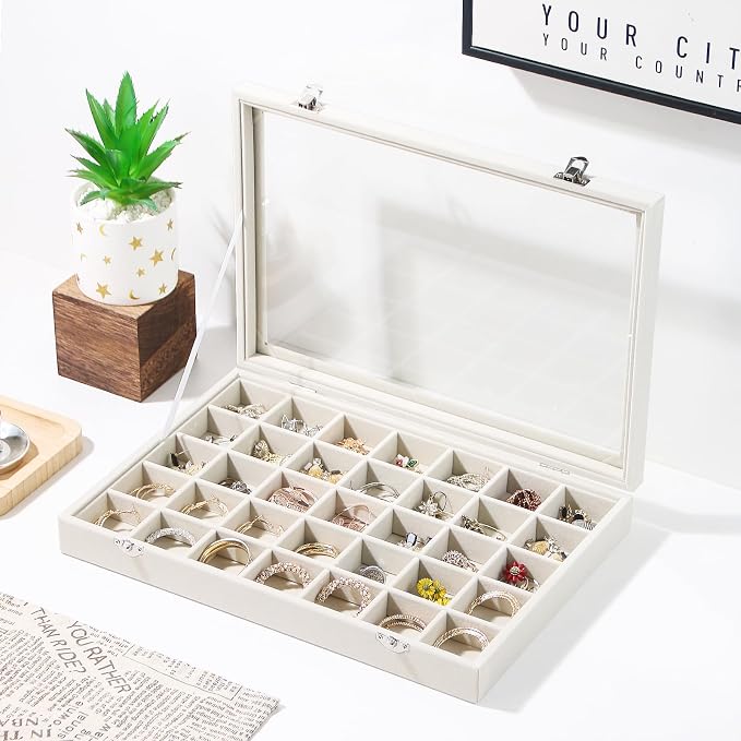 Coward Ring Earring Jewelry Organizer Box, 35 Grids Dustproof Display Holder Case, Beige Velvet Jewelry Bead Display Tray Case with Transparent Glass Lid for Momen Girls - Image 4