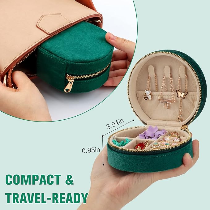 DesignSter Travel Jewelry Box - Velvet Mini Jewelry Organizer, Small Jewelry Case for Girls Women, Jewelry Storage Box for Rings Earrings Necklace (Circular, Emerald Green) - Image 2