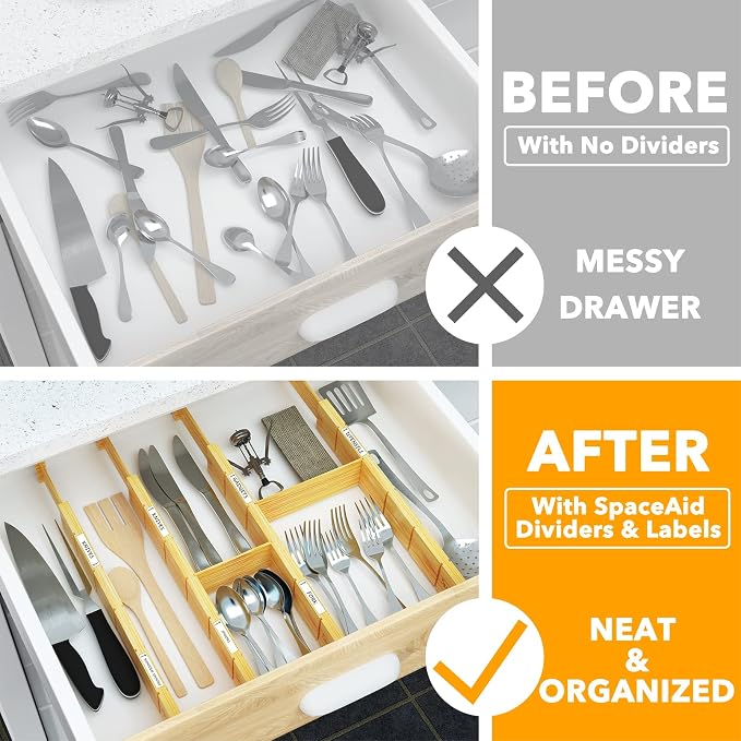 SpaceAid Bamboo 13.25-17“ Drawer Dividers (Need 2.35" Deep Drawer) Kitchen Adjustable Organizers, Expandable Organization for Home, Office, Dressers, 4 Dividers with 9 Inserts - Image 3