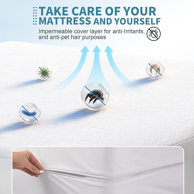 OhGeni 100% Waterproof Mattress Protector,Zippered Queen Size Mattress Encasement, Mattresses Pad, Premium Noiseless Breathable Soft Material, Mattresses Cover for Bed
