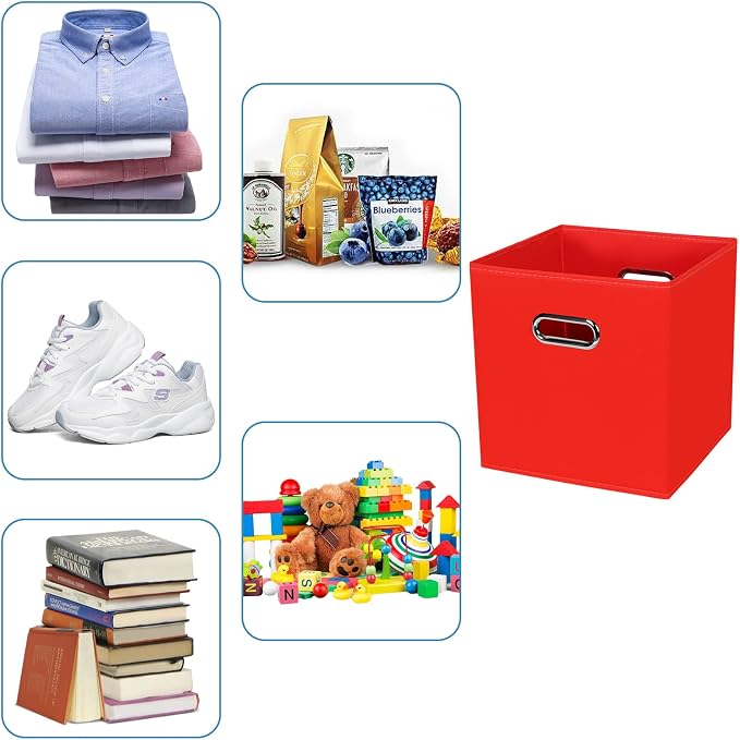 Black Fabric Cubby Storage Bins,13x13x13 Inches,Cube Organizer Bin Foldable Storage Boxes with Dual Handles Fabric Organizer Box and collapsible Storage basket,Set of 3,Red - Image 3