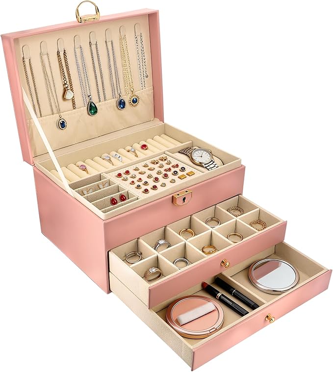 SRTCYDA Jewelry Box for Women, Large PU Leather jewelry organizers and storage, 3-Layer Jewelry Storage with 2 Drawers, Space-Saving Design for Vanity, Holds All Types of Jewelry (Pink) by SRYTCYDAWomensAccessories
