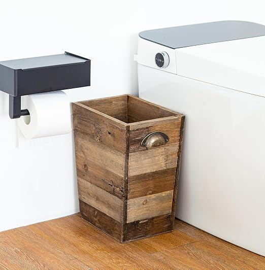 Small Wood Trash Can, Farmhouse Rectangular Garbage Can Waste Basket, Rustic Distressed Reclaimed Wood Wastebasket, Vintage Wooden Trash Recycling Bin Storage Basket with Metal Handles (Natural) - Image 4