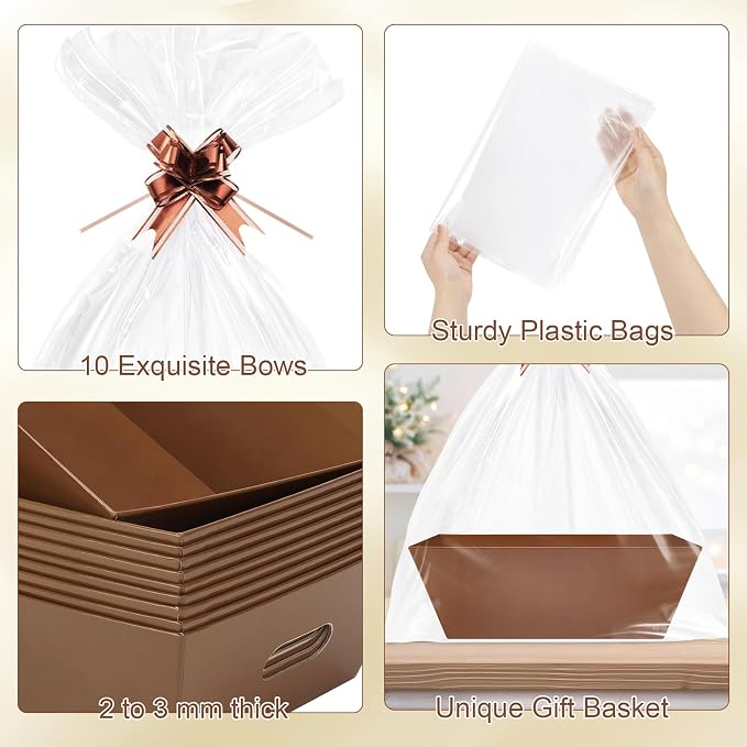 AFOROEOA 10PACK Baskets for Gifts Empty, 10x12”Thick Brown Gift Basket with Handles 10 Bows 10 Bags Empty Gift Baskets for Christmas Thanksgiving Wedding Birthday Party Wrapping Gift - Image 9