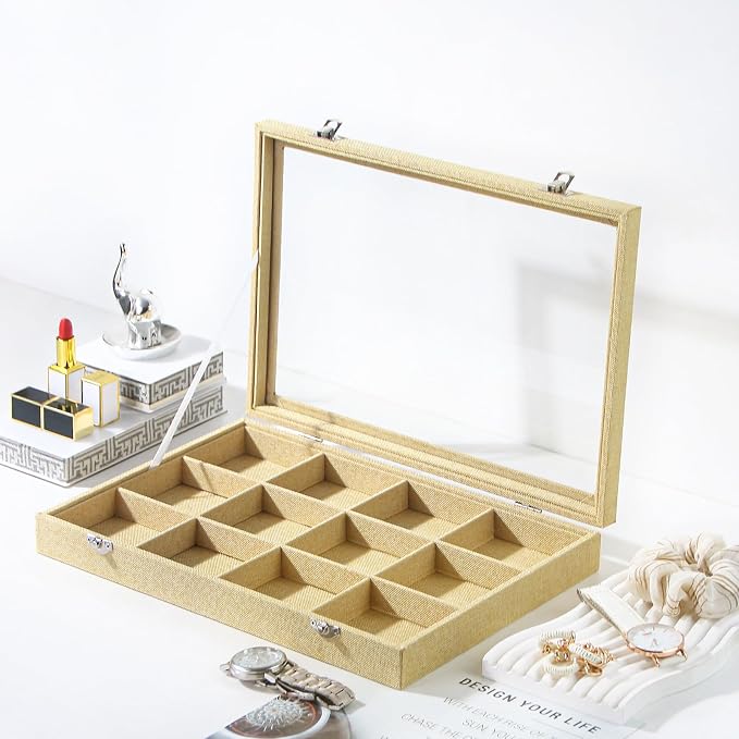 Coward Jewelry Organizer Box, Yellow Linen 12 Grids Bracelet Bangle Necklace Jewelry Display Tray Case with Transparent Glass Lid for Home Drawer Desk or Store Selling Show - Image 5