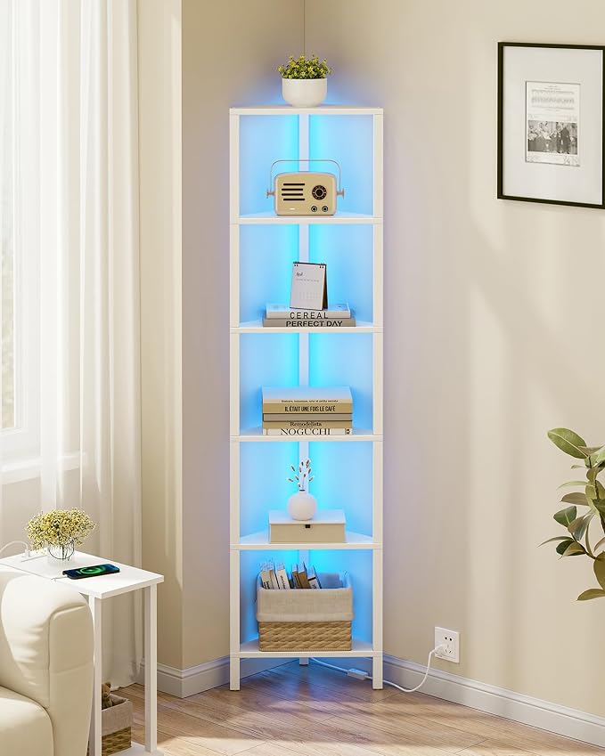 TUTOTAK 6-Tier Corner Bookshelf with LED Light,Corner Shelf for Small Space, Narrow Display Corner Shelf Stand with Storage Rack, for Living Room, Bedroom, Pure White V1BS05BW006L by ChoosetutotakFurnitureBuildYourCozyHome