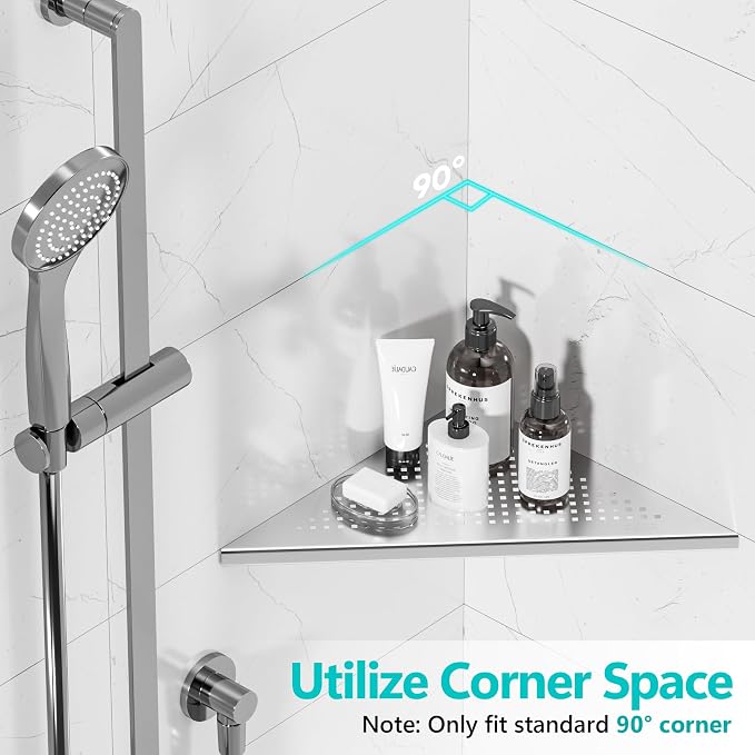Qeke Bathroom Corner Shelf, Recessed 12" Shower Shelf Caddy, SUS304 Stainless Steel Shelf Wall Mount Triangular, No Drilling, Brushed Nickel - Image 3