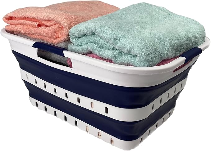 SAMMART 42L (11 gallon) Collapsible Plastic Laundry Basket - Foldable Pop Up Storage Container/Organizer - Space Saving Hamper/Basket (1, White/Starry Blue) by SAMMART