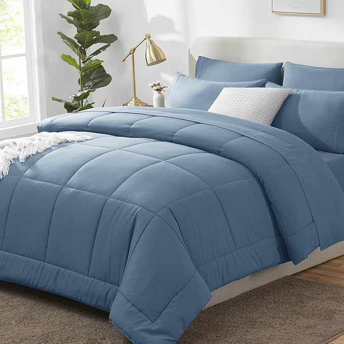 CozyLux Queen Comforter Set Dusty Blue, 7 Pieces Bed in a Bag, Grayish Blue Comforters Queen Size, All Season Bedding Sets with Stitch Quilted Comforter, Flat Sheet, Fitted Sheet, Pillowcases
