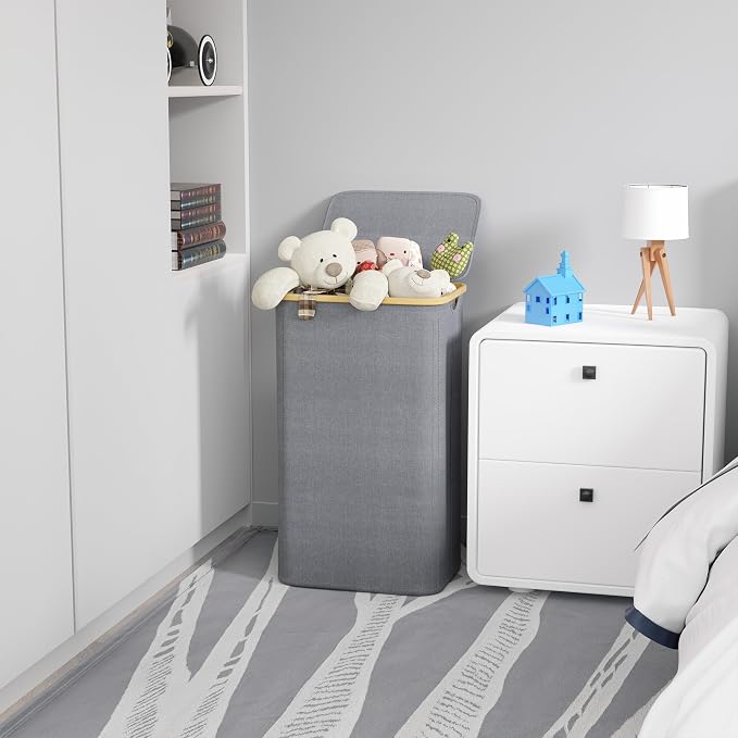 SUOCO Laundry Hamper with Lid, 29 Gal (110L) Clothes Basket with Bamboo Handles, Large Foldable Laundry Hamper for Bedroom, Bathroom, Dorm, Laundry Room - Grey - Image 4