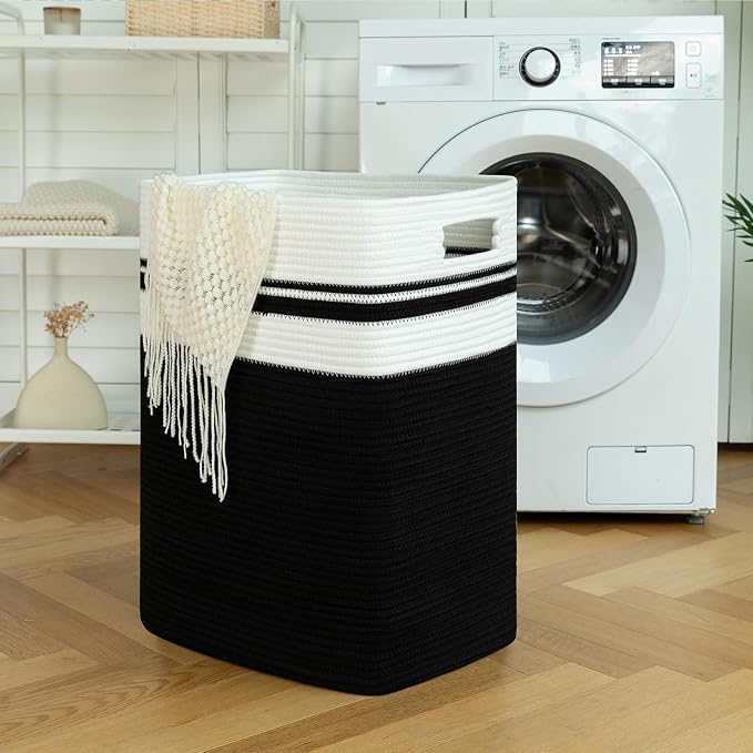 OIAHOMY 91L Laundry Hamper, XXXLarge Laundry Basket, Collapsible Cotton Rope Basket,Woven Storage Basket for Blankets,Clothes,Pillows-16x15x24-Black&white - Image 2