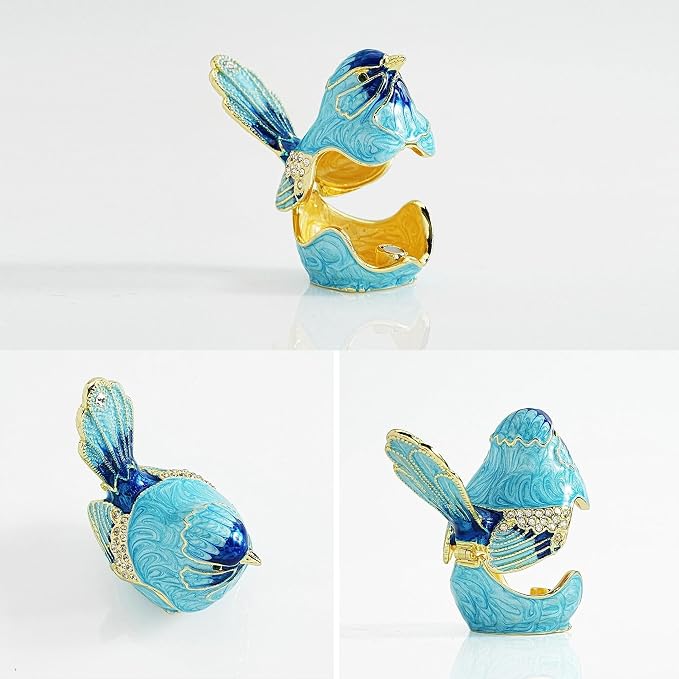 YU FENG Enamel Bird Trinket Box Jewelry Organizer, Hand Painted Decorative Hinged Keepsake Box – Blue Bird - Image 2
