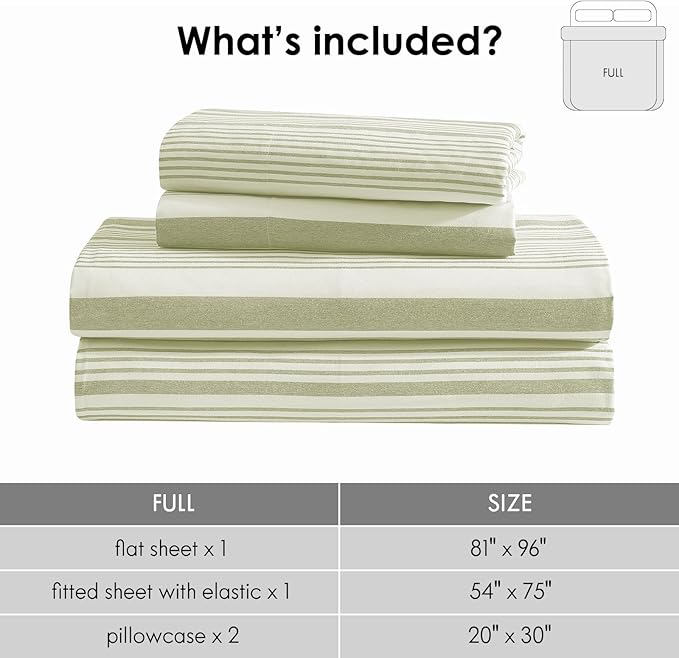 ClevaHome Classic Stripe Sheet Set - 4 Pieces Super Soft & Breathable Bed Sheet Set with Deep Pocket, Enhanced Comfort & Easy Care (Full, Sage Stripe)