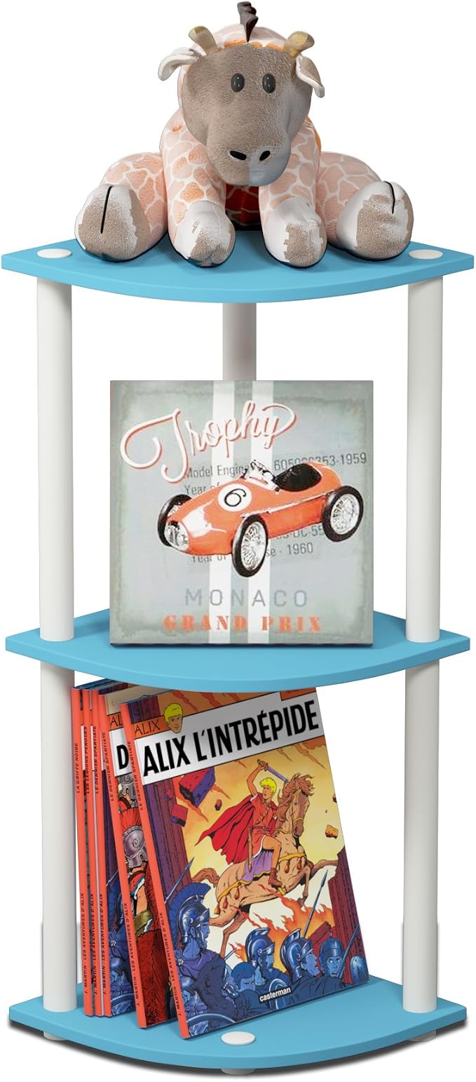 Furinno TURN-N-TUBE Corner Shelf, 3-Tier Corner Bookshelf, Display Storage Shelves with Open Shelves, for Organization and Storage, Living Room, Home Office, Garage, Light Blue by Furinno-FitsYourSpaceFitsYourBudget