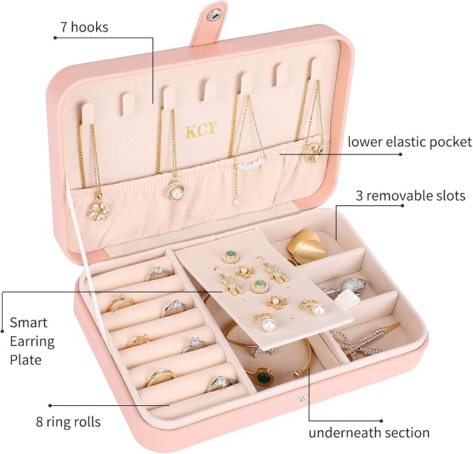 KCY Travel Jewelry Organizer Box for Women Girls, Small Travel Jewelry Case, PU Leather Portable Jewellery Storage Boxes Display Holder for Ring Earrings Necklace Bracelet Bangle, Gifts, Pink - Image 2