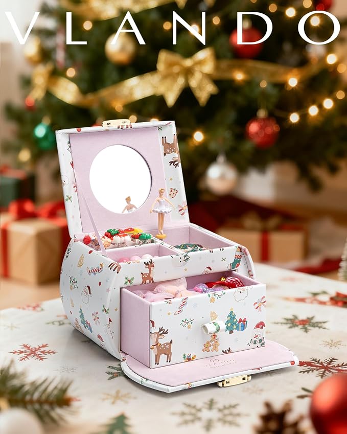 Vlando Kids Musical Jewelry Box for Girls with Drawer, Music Box with Ballerina and Stickers for Birthday Bedroom Decor, Christmas Gifts for Girls Kids - Christmas White - Image 6