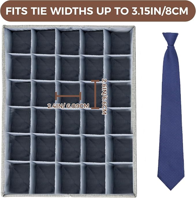 PINGMIC Gray Sock Organizer Divider 1 Pack with Lid - 30 Cell Foldable Closet Storage, Tie Organizer For Men Boxes for Socks, Ties, Belts - Image 2