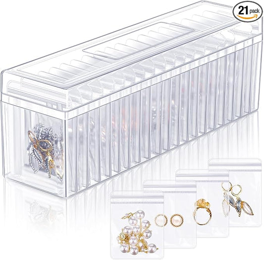 Kenning 21 Pcs Acrylic Jewelry Case Organizer, Clear Jewelry Organizers Holder with Portable Anti Tarnish Storage Bags for Rings, Earrings, Necklaces, Ideal Gifts for Women (Clear) by Kenning