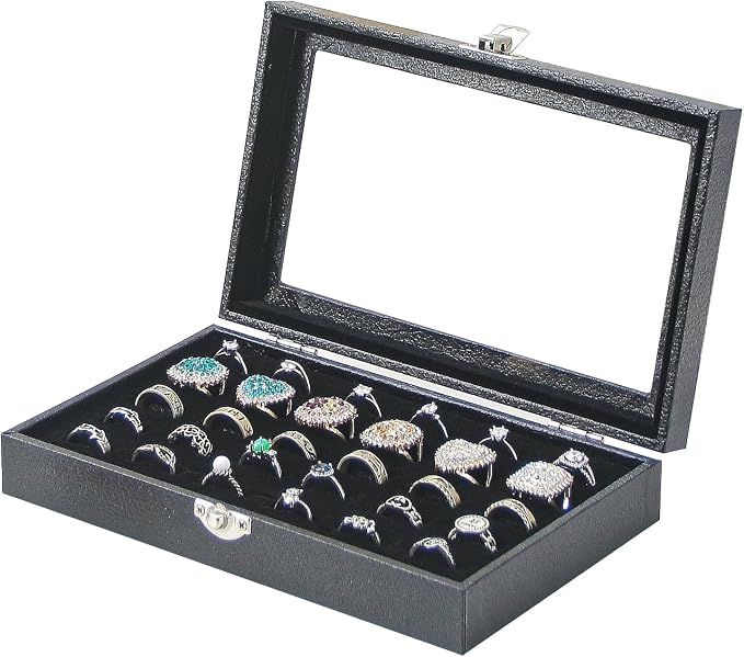 Ring Display Case,Jewelry Ring Organizer Box For Rings,Ring And Earring Holder Box For Girl,Velvet Ring Display Tray (Black, 30 slots) by Unknown